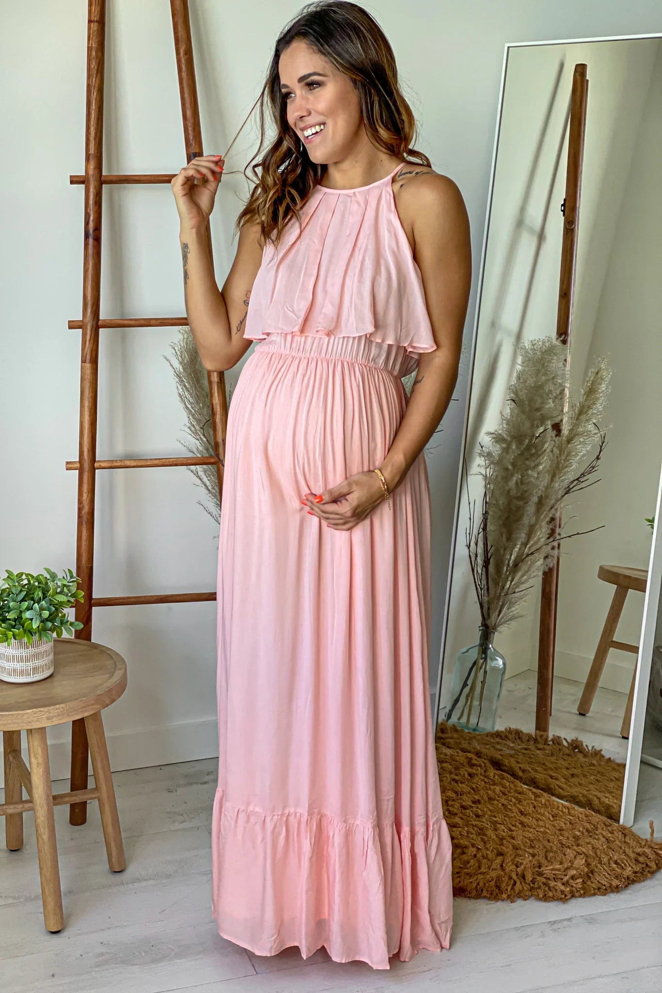 Pink Ruffled Top Maternity Maxi Dress