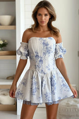 Blue Floral Poplin Off Shoulder Short Dress