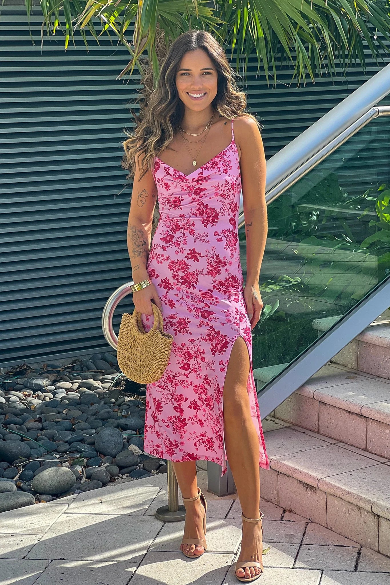 Pink Floral Dress With Slit
