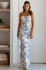 Blue Lace Floral Ruffled Maxi Dress