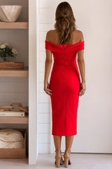 Red Pleated Off Shoulder Midi Dress