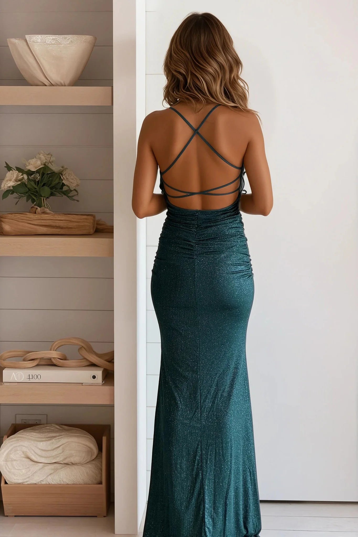 Hunter Green Glitter Ruched Maxi Dress