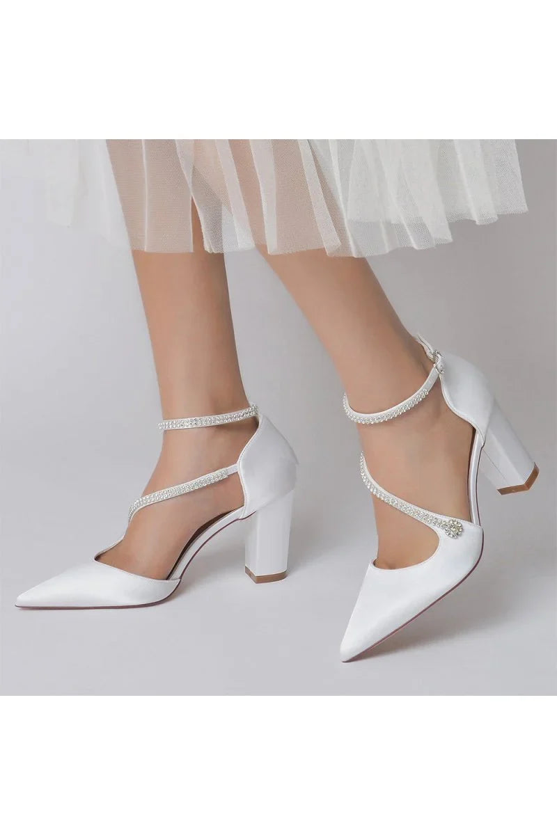 White Satin Pump with Cross Strap and Beaded Buckle