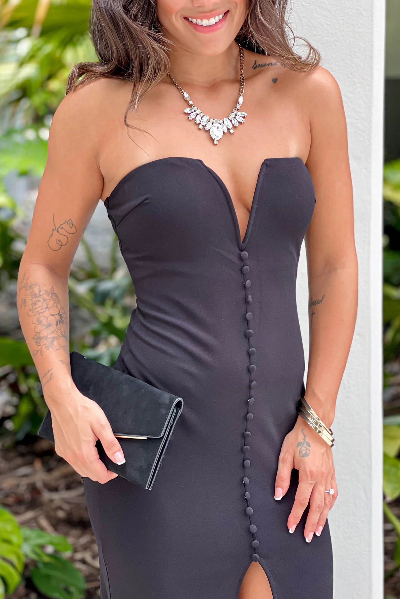 Black Strapless Maxi Dress With Slit And Button