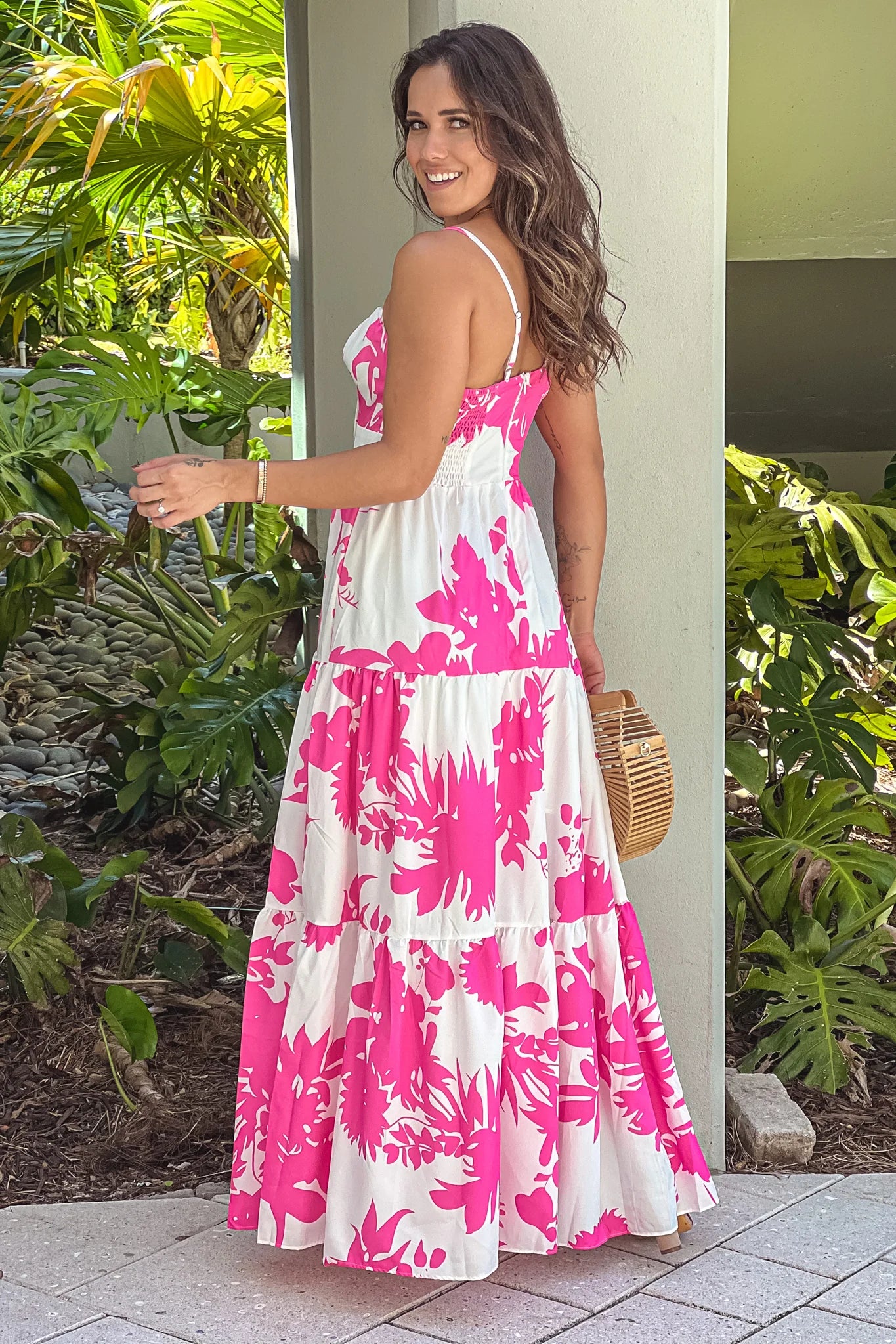 Hot Pink Printed Maxi Dress With Front Knot