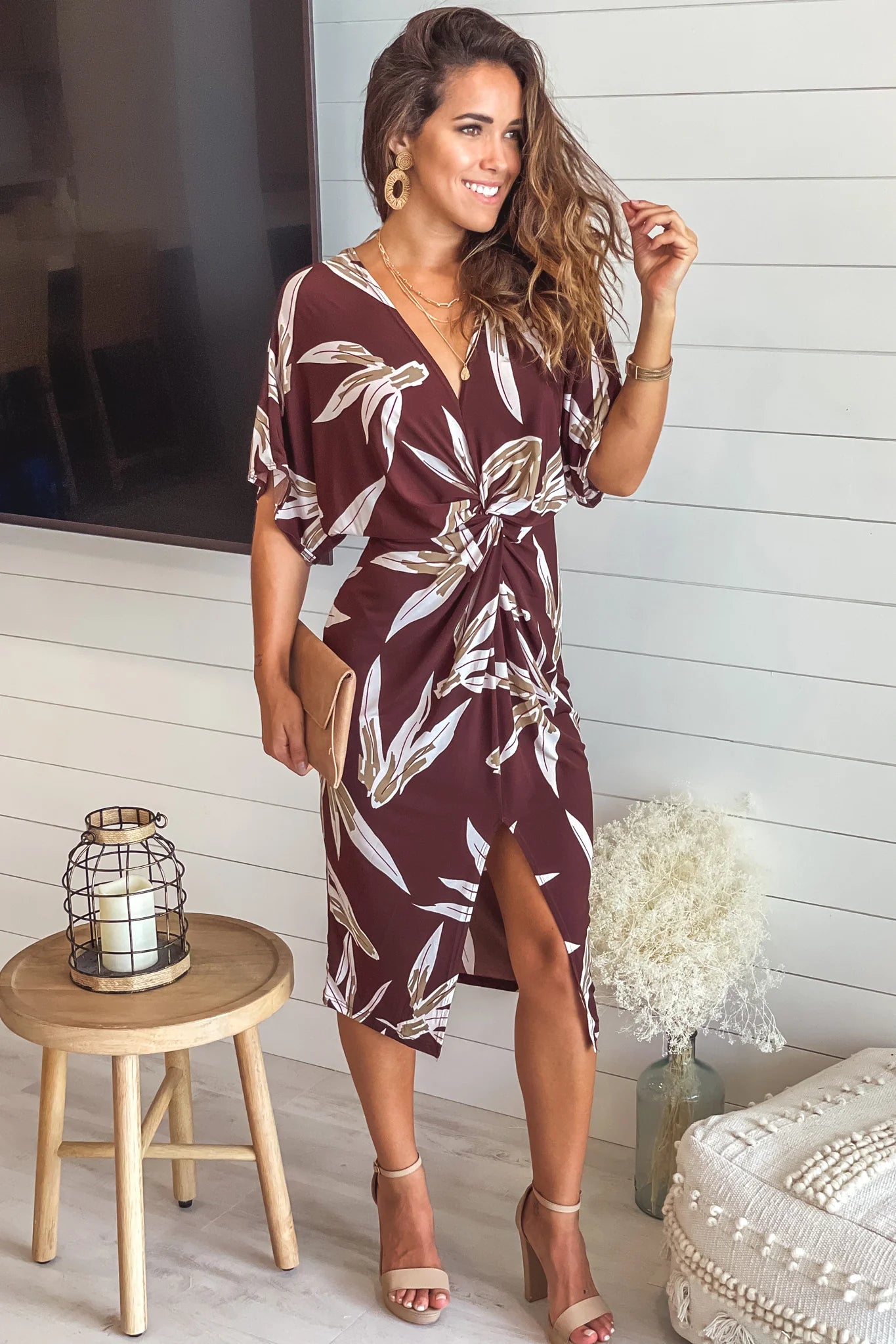 Brown Printed Midi Dress With Knot Front