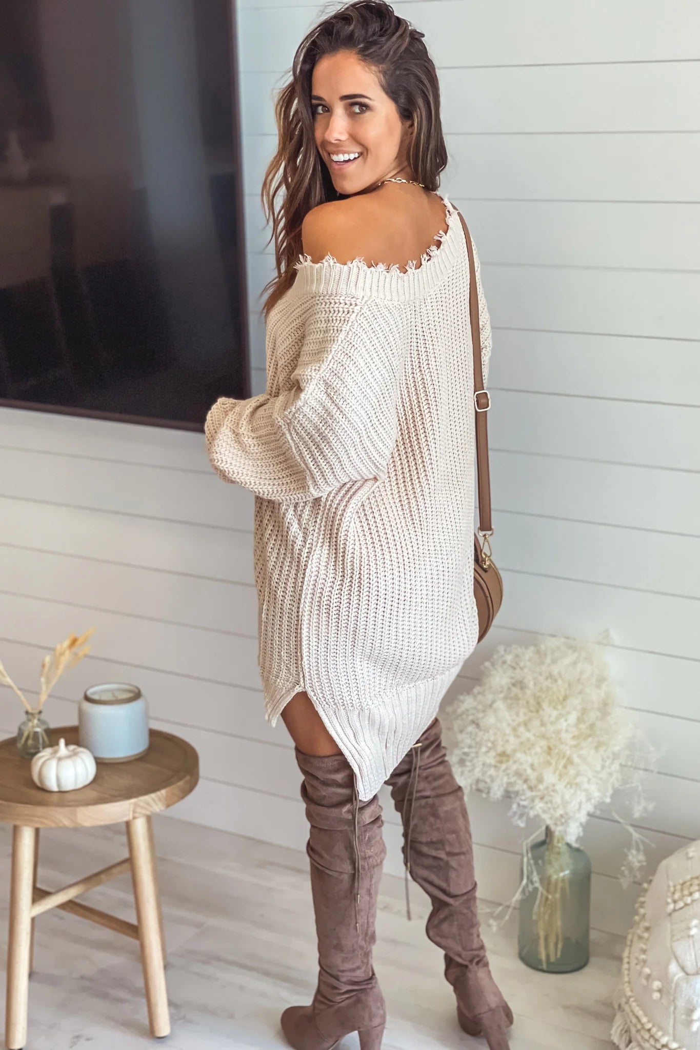 Cream Frayed V Neck Sweater Dress