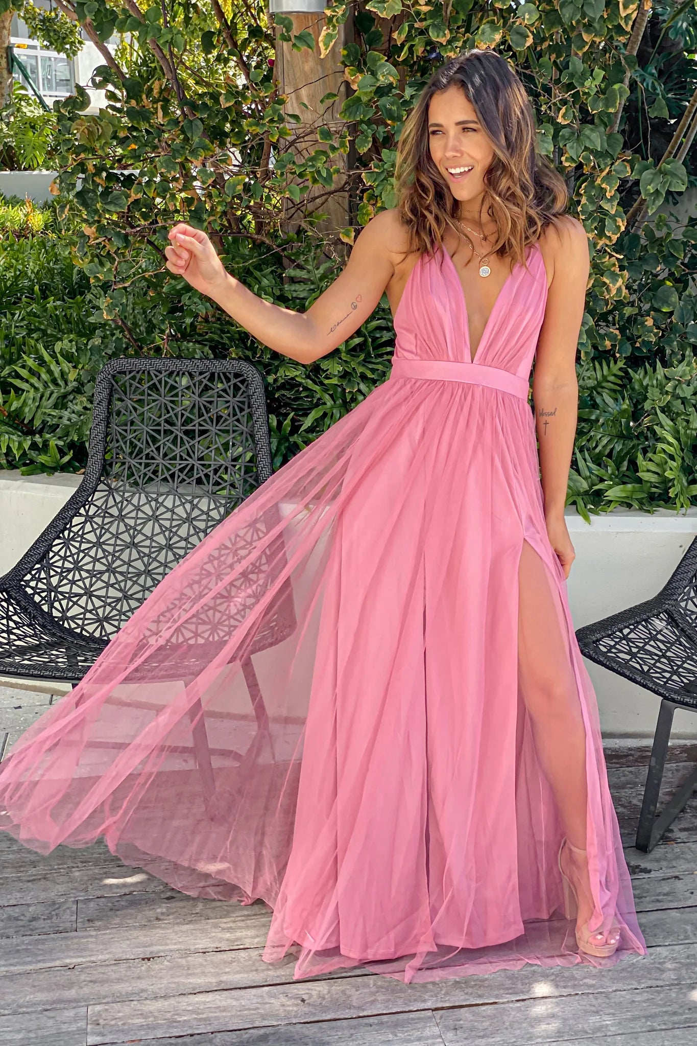 Rose V Neck Tulle Maxi Dress with Criss Cross Back