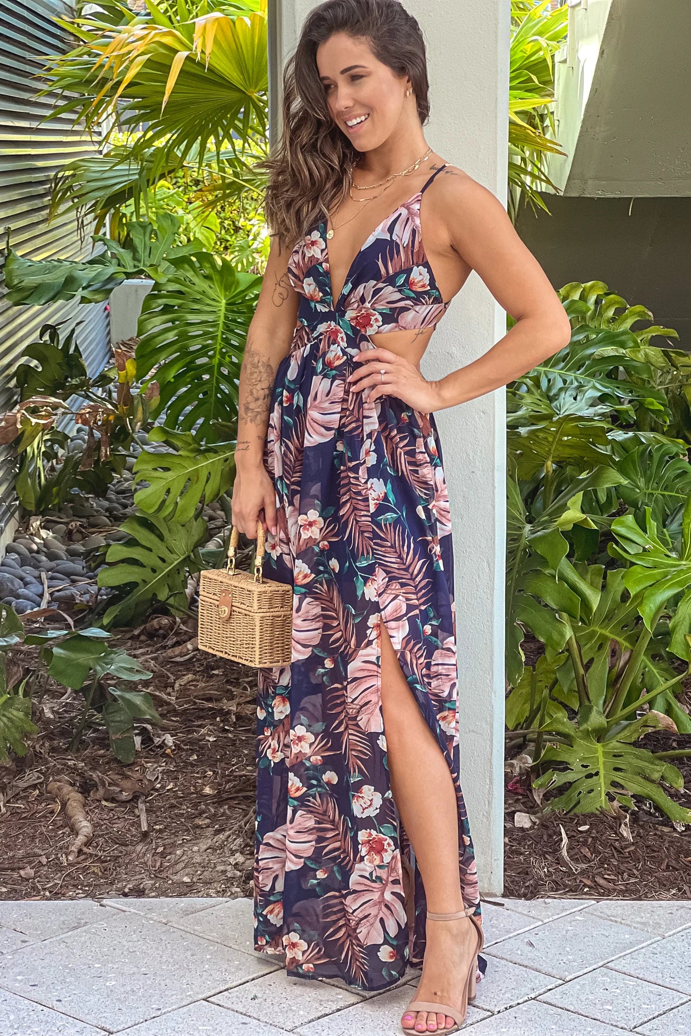 Navy Tropical Print Cut Out Maxi Dress