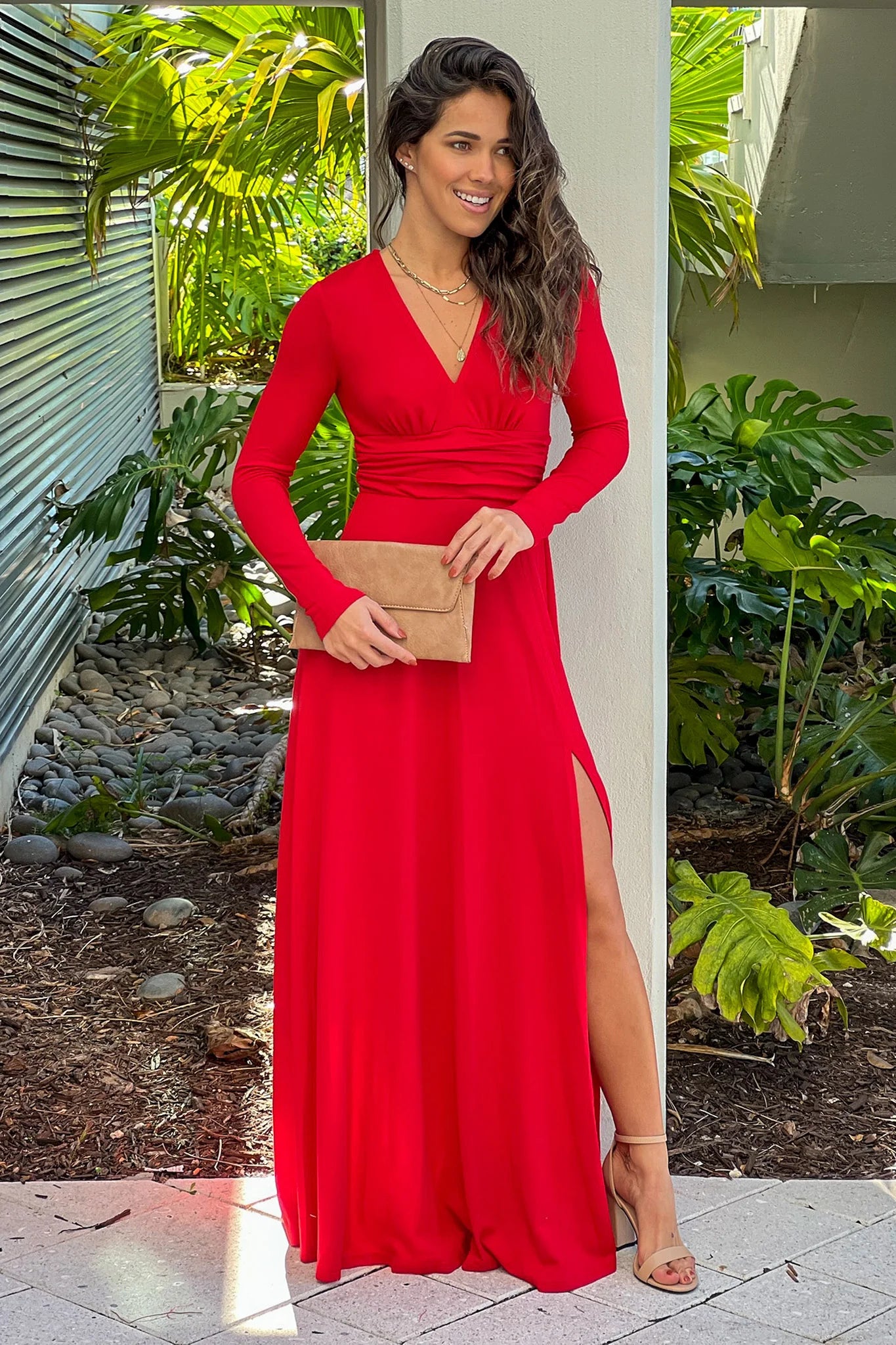 Red V Neck Maxi Dress With Slit