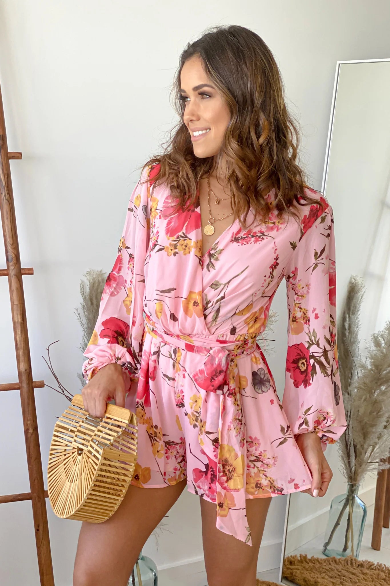 Pink Floral Long Sleeve Romper