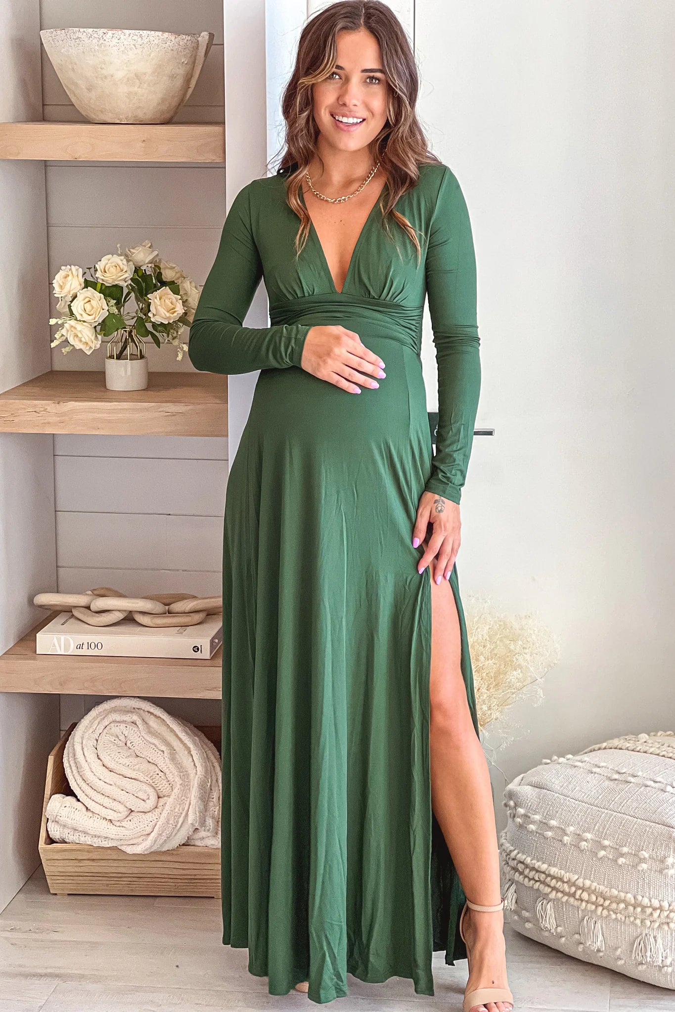Hunter Green Maternity Maxi Dress with Long Sleeves