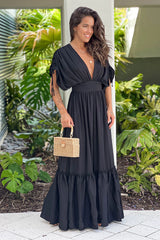 Black Deep V Neck Maxi Dress