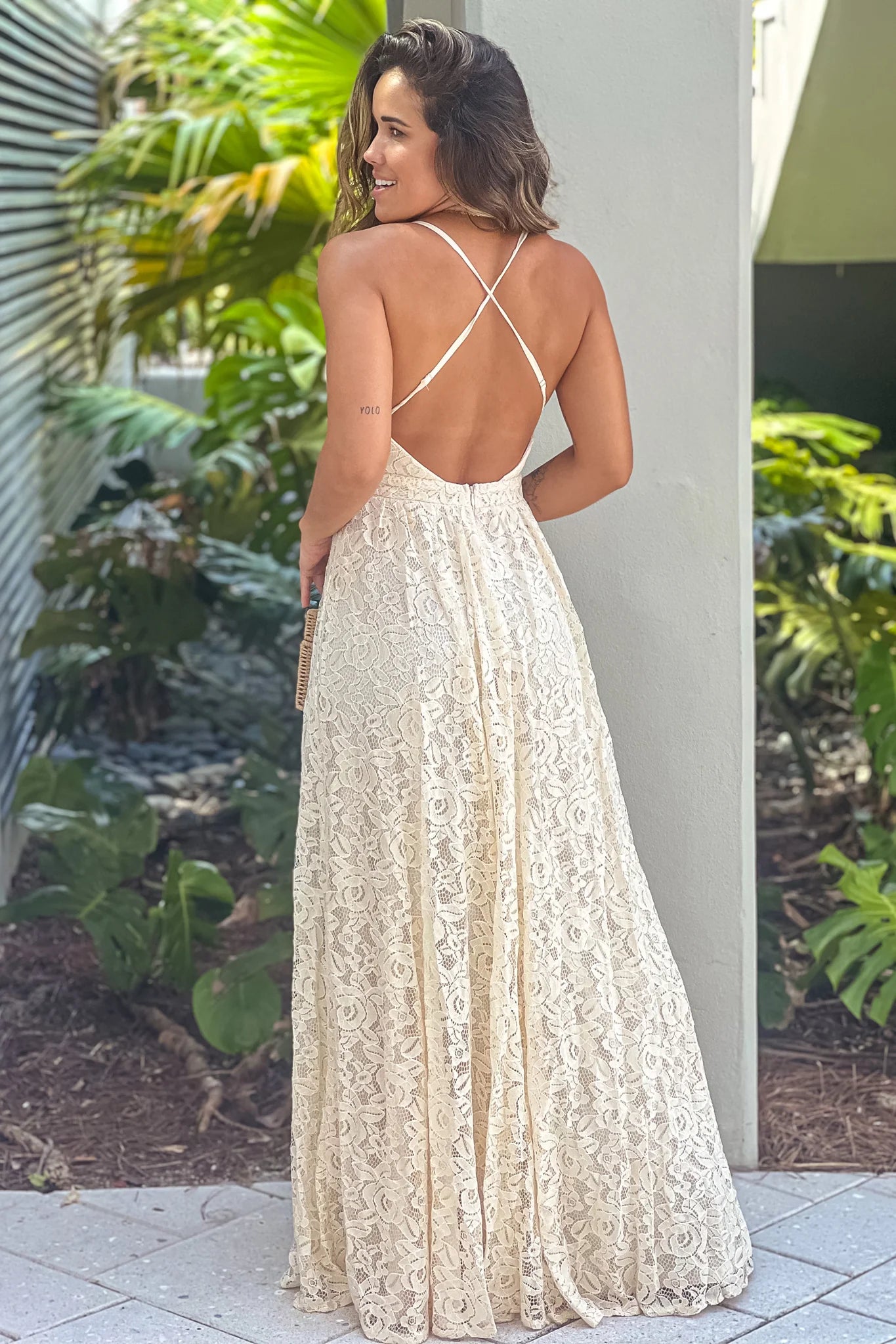 Cream Lace V Neck Maxi Dress