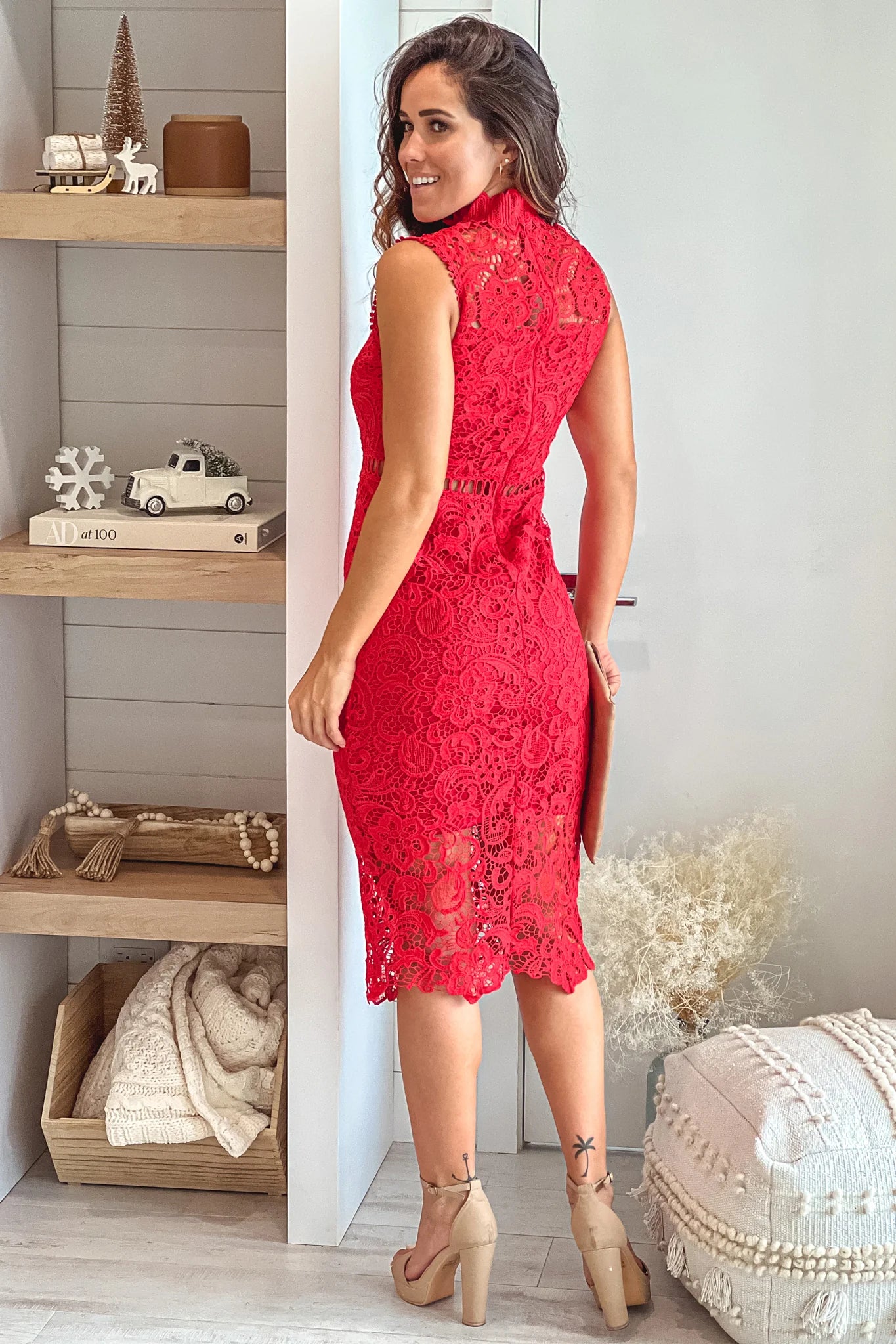 Red Lace Sleeveless Midi Dress