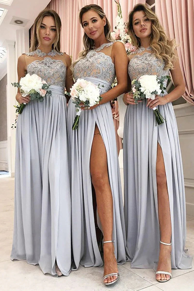 Grey A Line Illusion Round Neck Long Chiffon Bridesmaid Dress with Lace