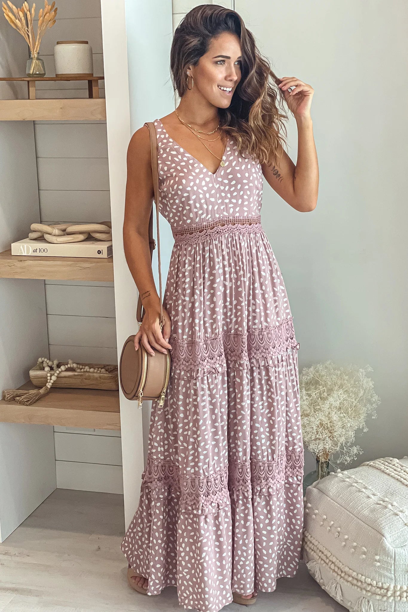 Mauve Printed V Neck Maxi Dress With Crochet Trim