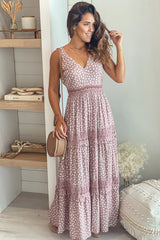 Mauve Printed V Neck Maxi Dress With Crochet Trim