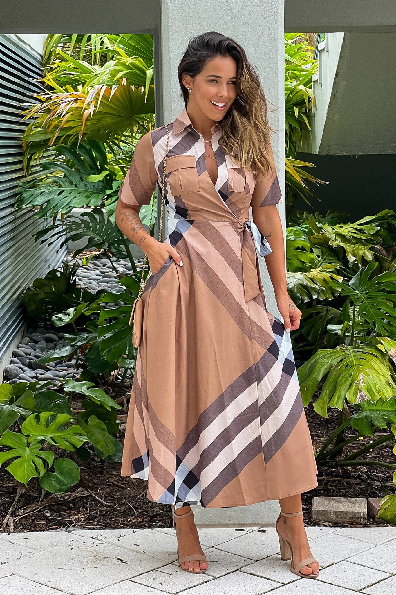 Taupe Printed Wrap Dress