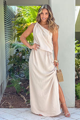 Cream One Shoulder Maxi Dress With Tie Waist