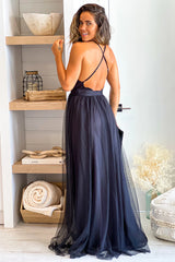 Black Mesh V Neck Maxi Dress