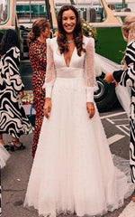 Plunging Neckline A Line Lace Casual Wedding Dress With Open Back And Beading