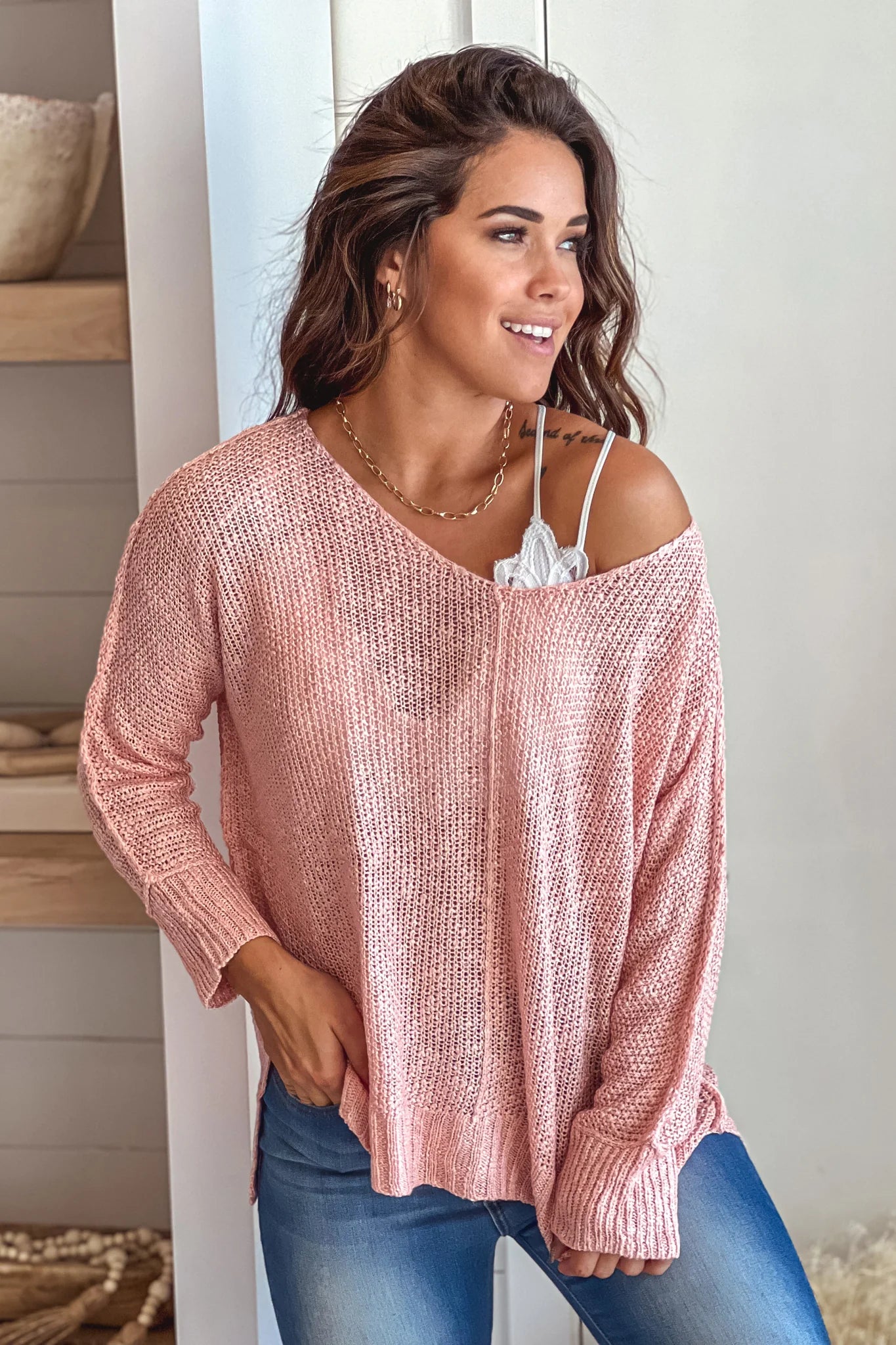 Light Pink V Neck Knit Top With Long Sleeves