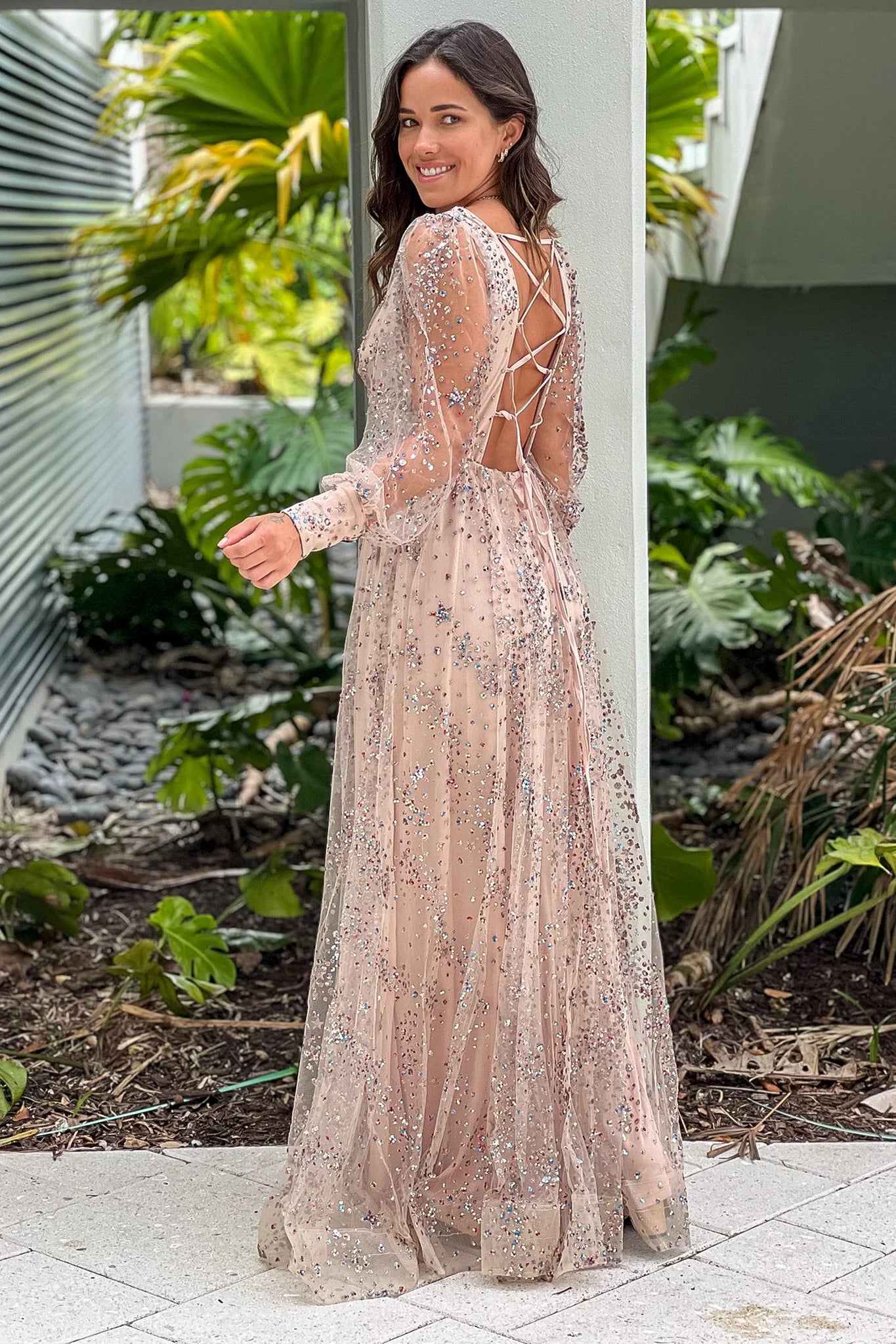 Rose Gold Long Sleeve Lace Up Sequined Maxi Dress