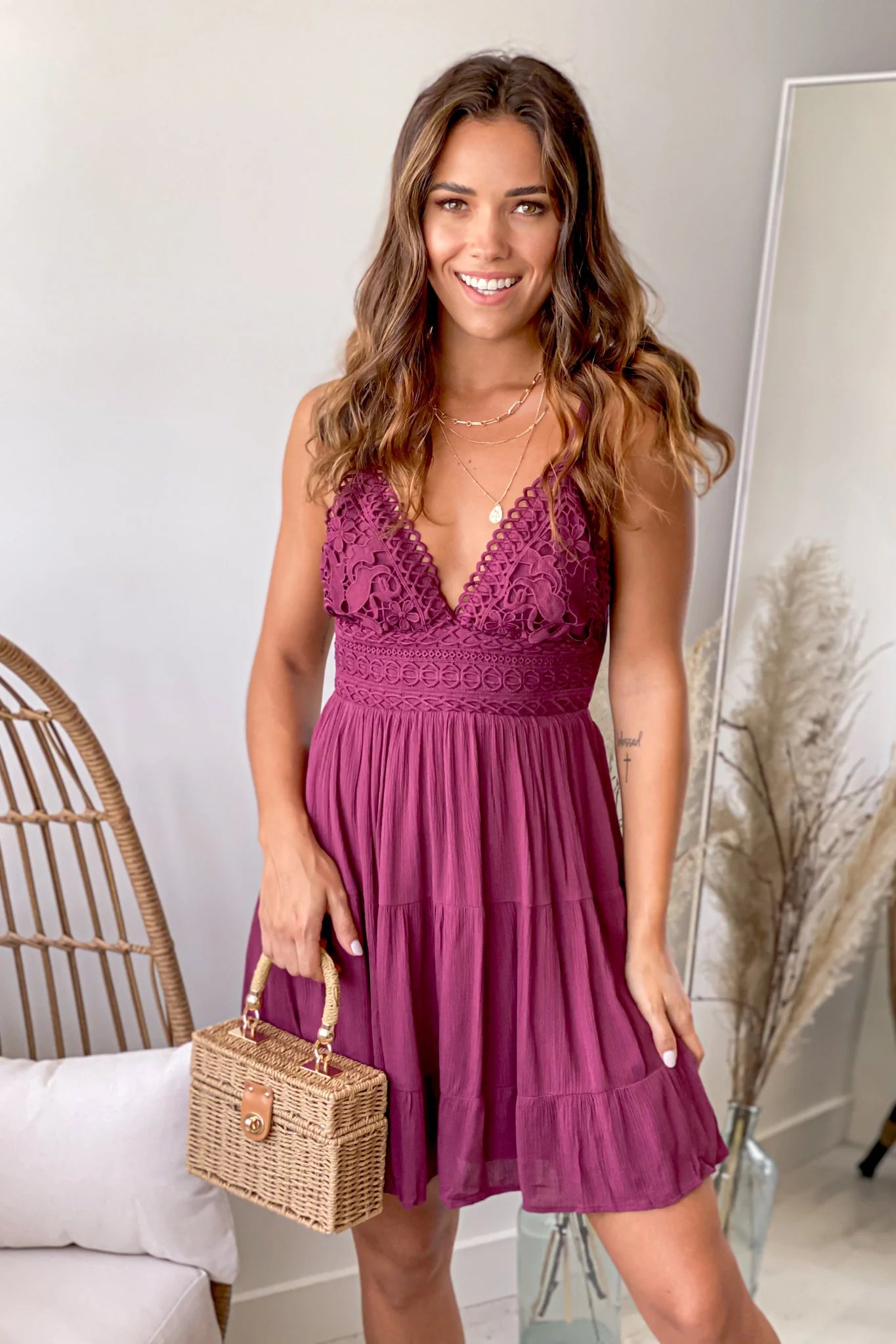 Dark Berry Short Dress With Crochet Top