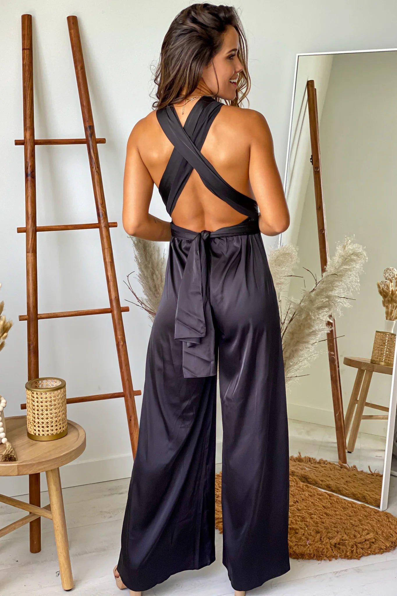 Black Satin Multi Tie Jumpsuit