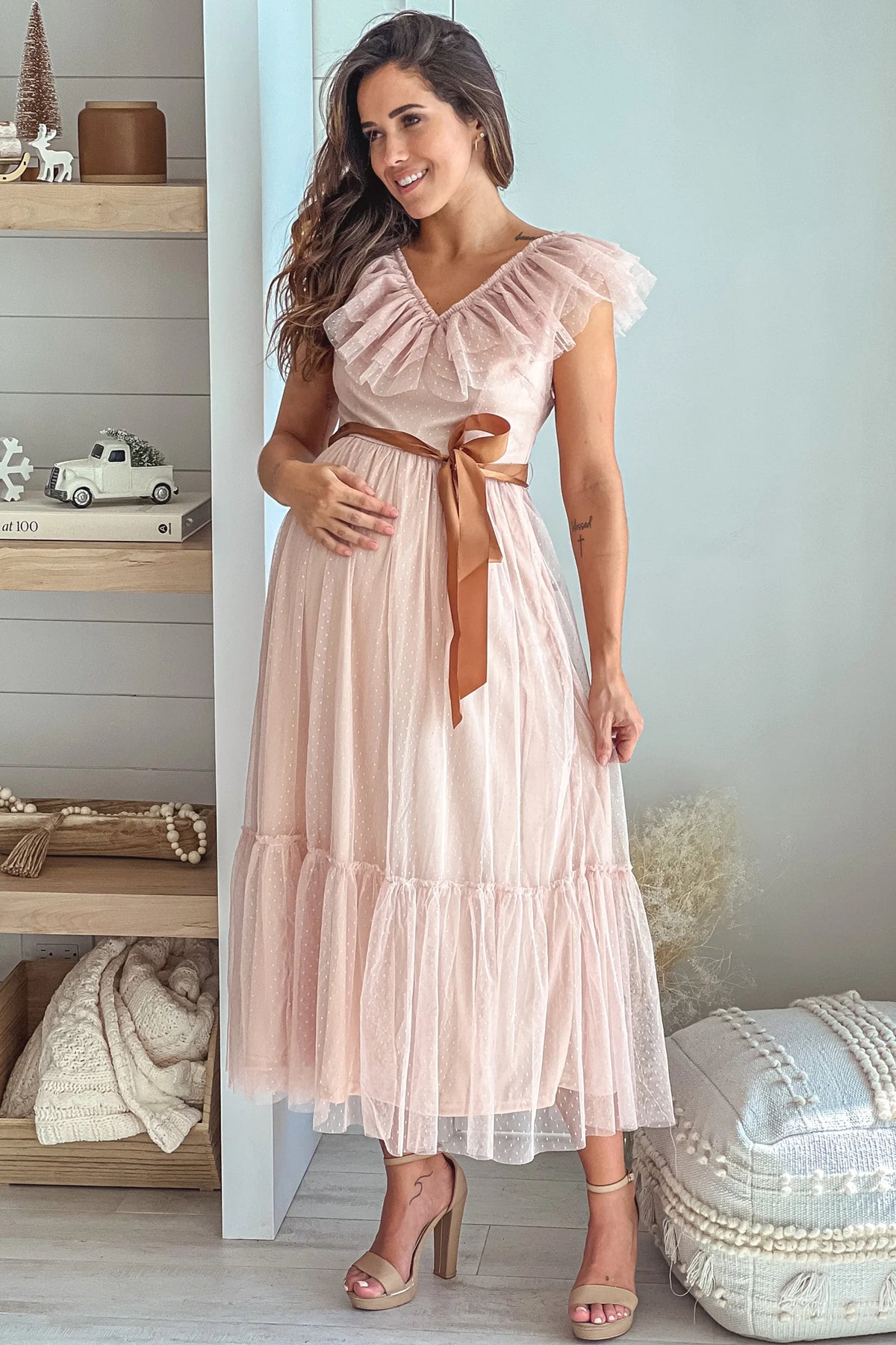 Nude Ruffled Maternity Dress with Satin Belt