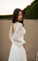 A Line Floor Chiffon Long Sleeve Wedding Dress with Sequins and Train
