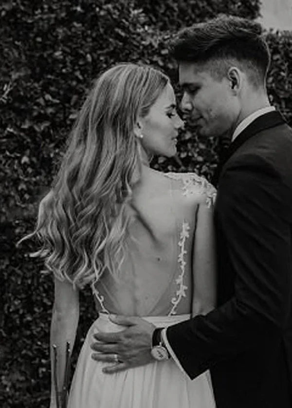 A Line Cap Sleeve Long Backless Wedding Dresses with Appliques