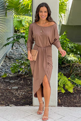 Mocha One Shoulder Ruched Dress