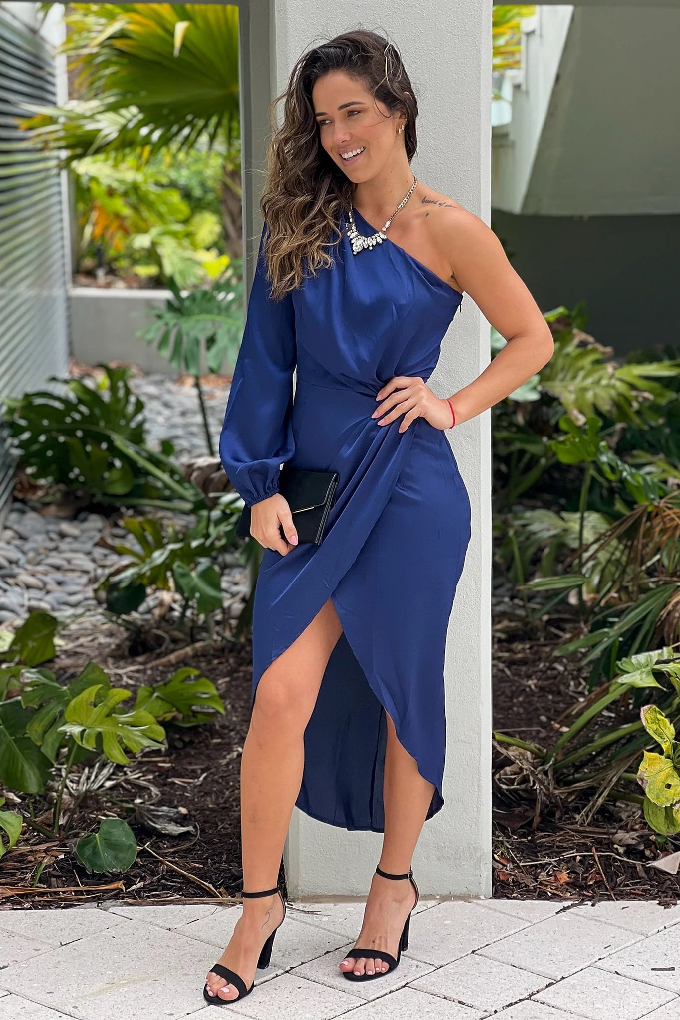 Navy One Shoulder Satin Midi Dress