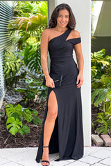 Black One Shoulder Maxi Dress With Cut Out And Slit