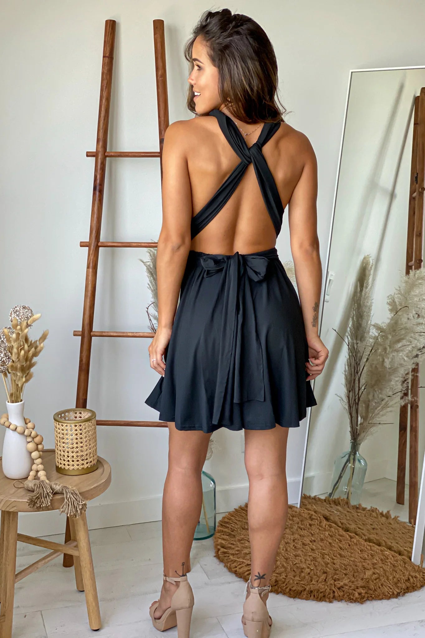 Black Multi Tie Short Dress