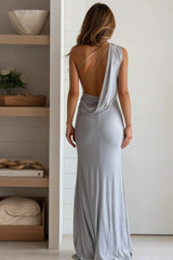 Silver One Shoulder Glitter Maxi Dress