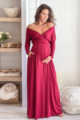 Burgundy Maternity Maxi Dress With Dolman Sleeves And Pockets