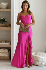 Fuchsia Sweetheart Ruffled Maxi Dress With Slit