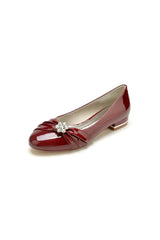 Pointed Toe Slip on Patent Leather Low Heels With Rhinestone