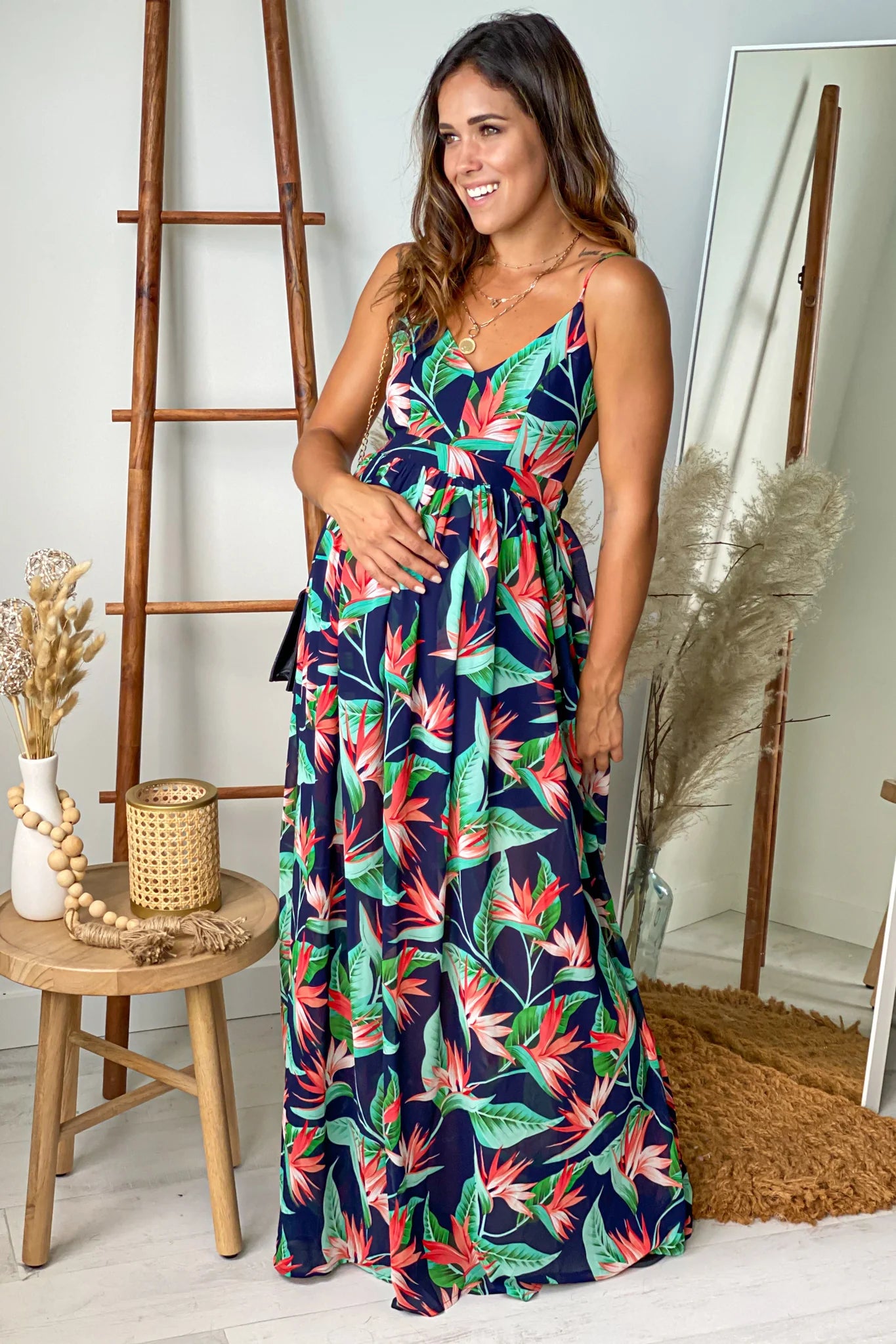 Navy Printed Open Back Maternity Maxi Dress