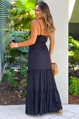 Black Ruffled Maxi Dress With Cut Out Front