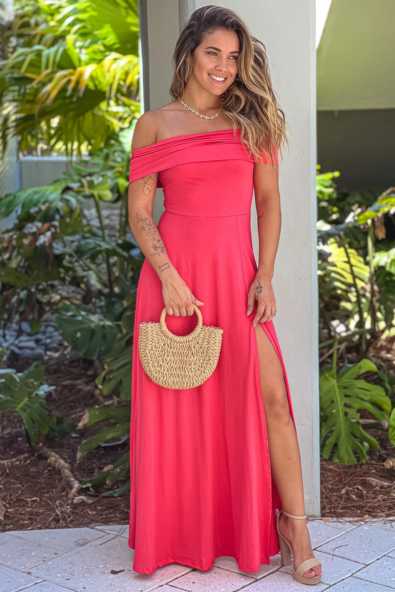 Rose Off Shoulder Maxi Dress With Slit