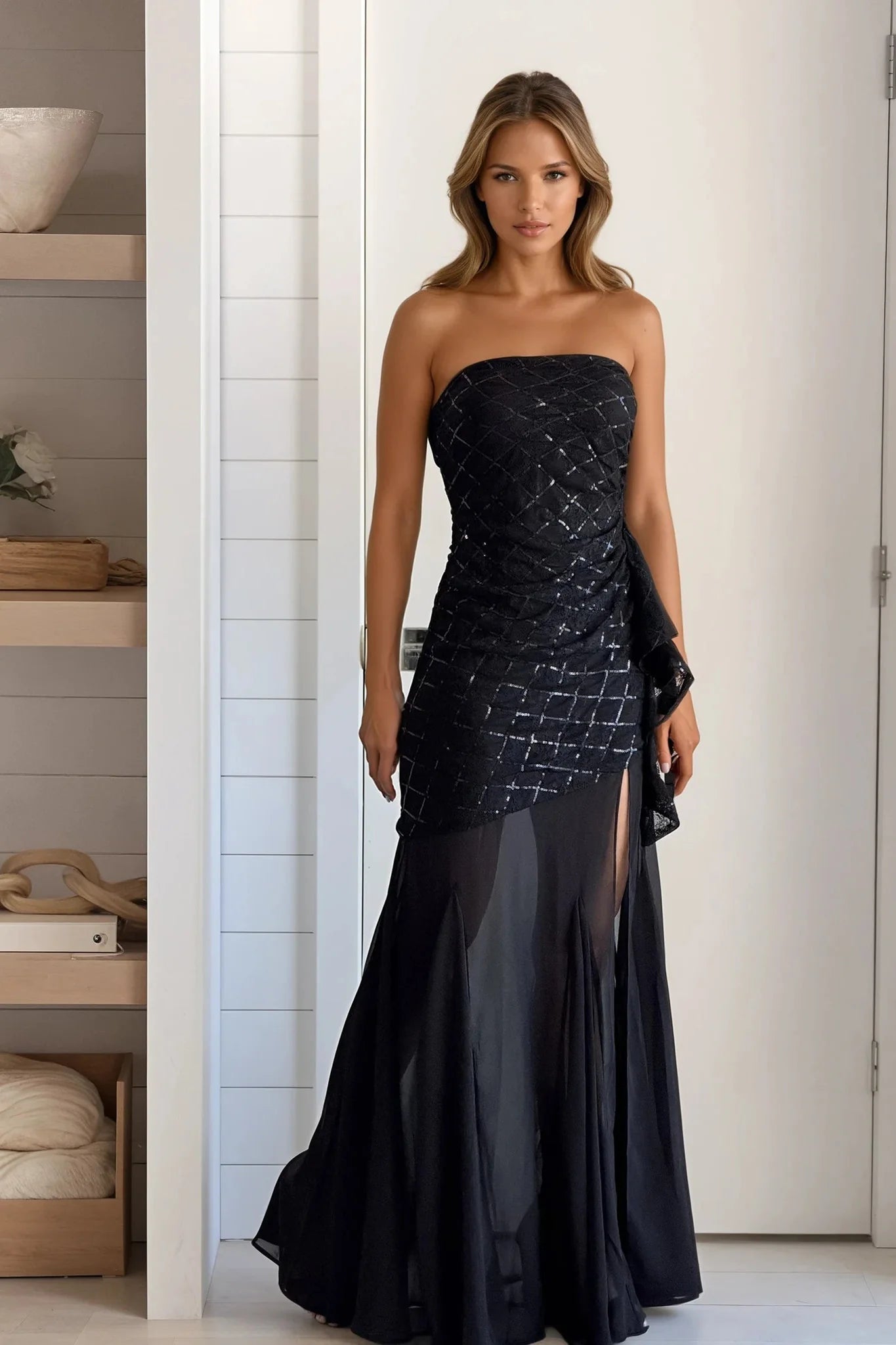 Black Sequin Strapless Sash Dress