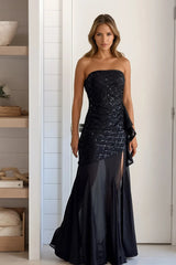 Black Sequin Strapless Sash Dress