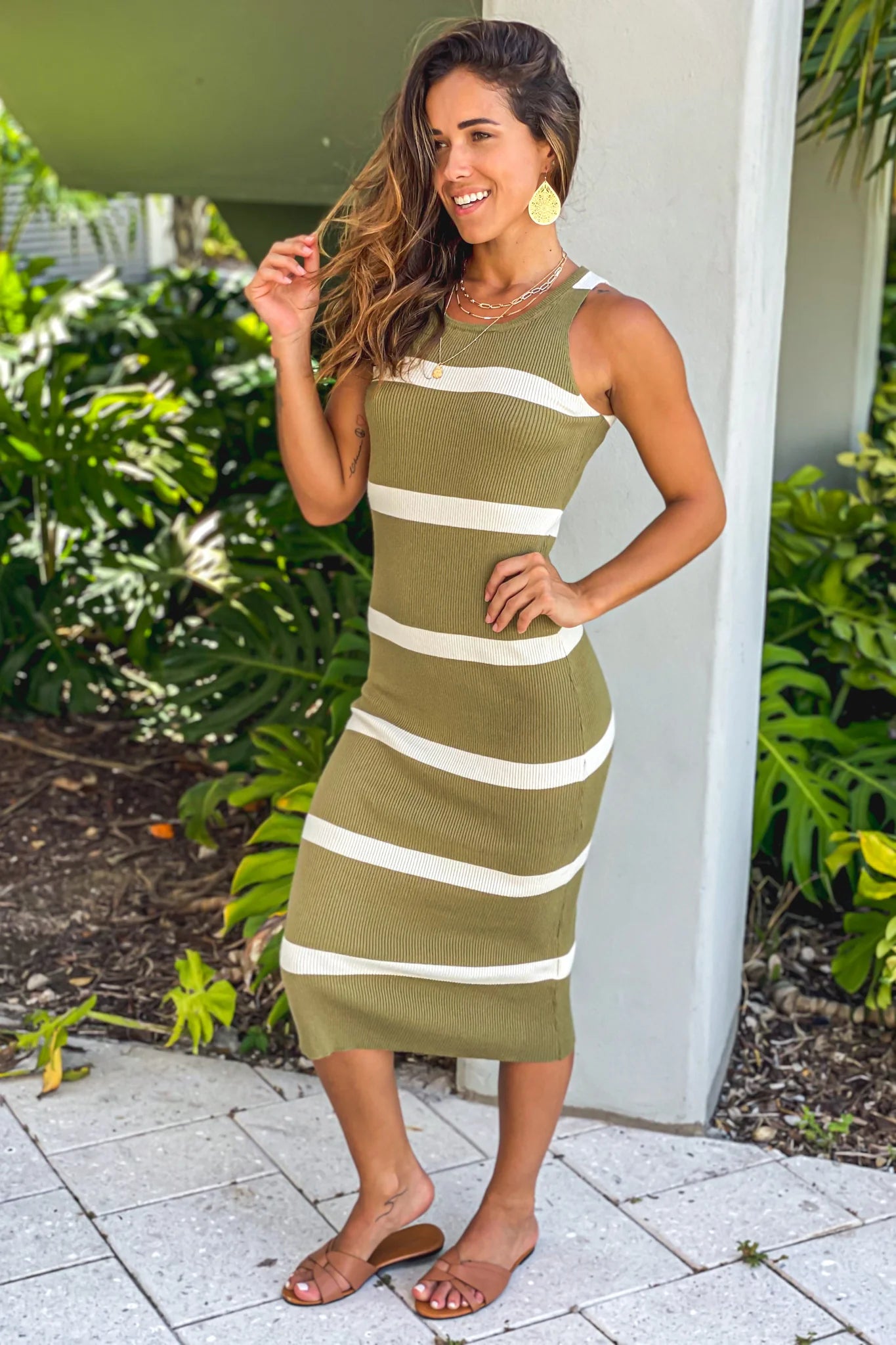 Olive And Ivory Striped Midi Dress