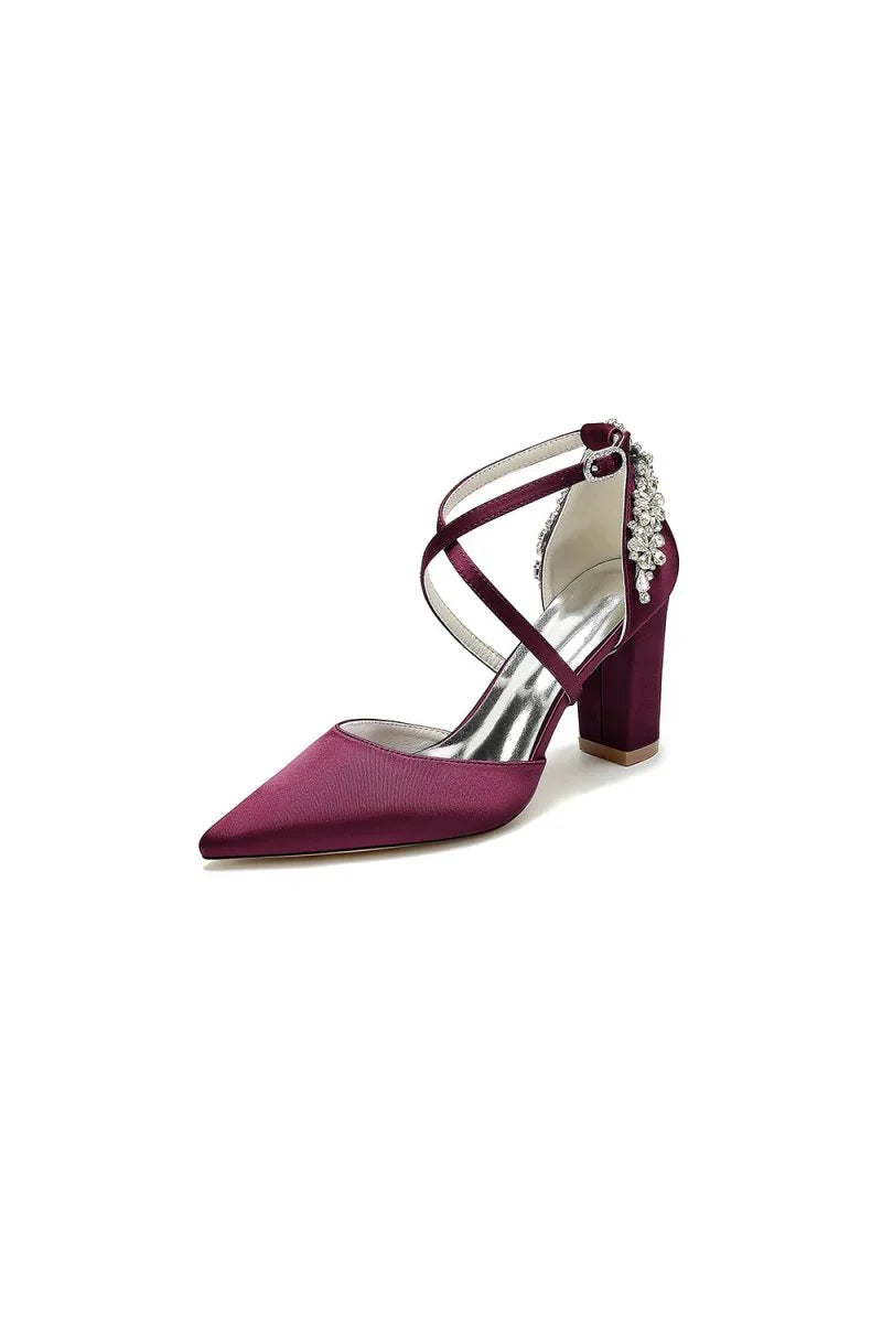 White Satin Pump with Cross Strap and Metal Accent