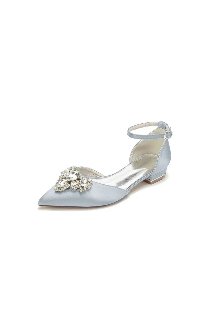 Satin Pointed Toe Ankle Strap Rhinestone Kitten Heels