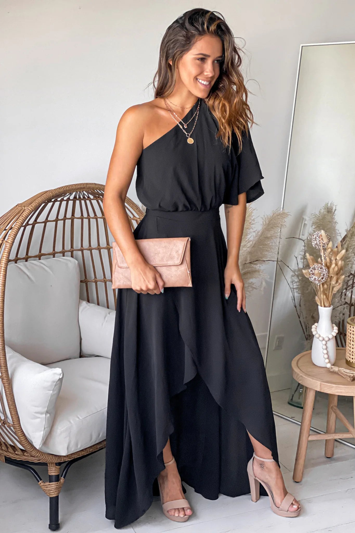 Black One Shoulder High Low Dress